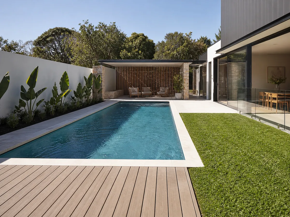 Piscina de obra terminada con terraza