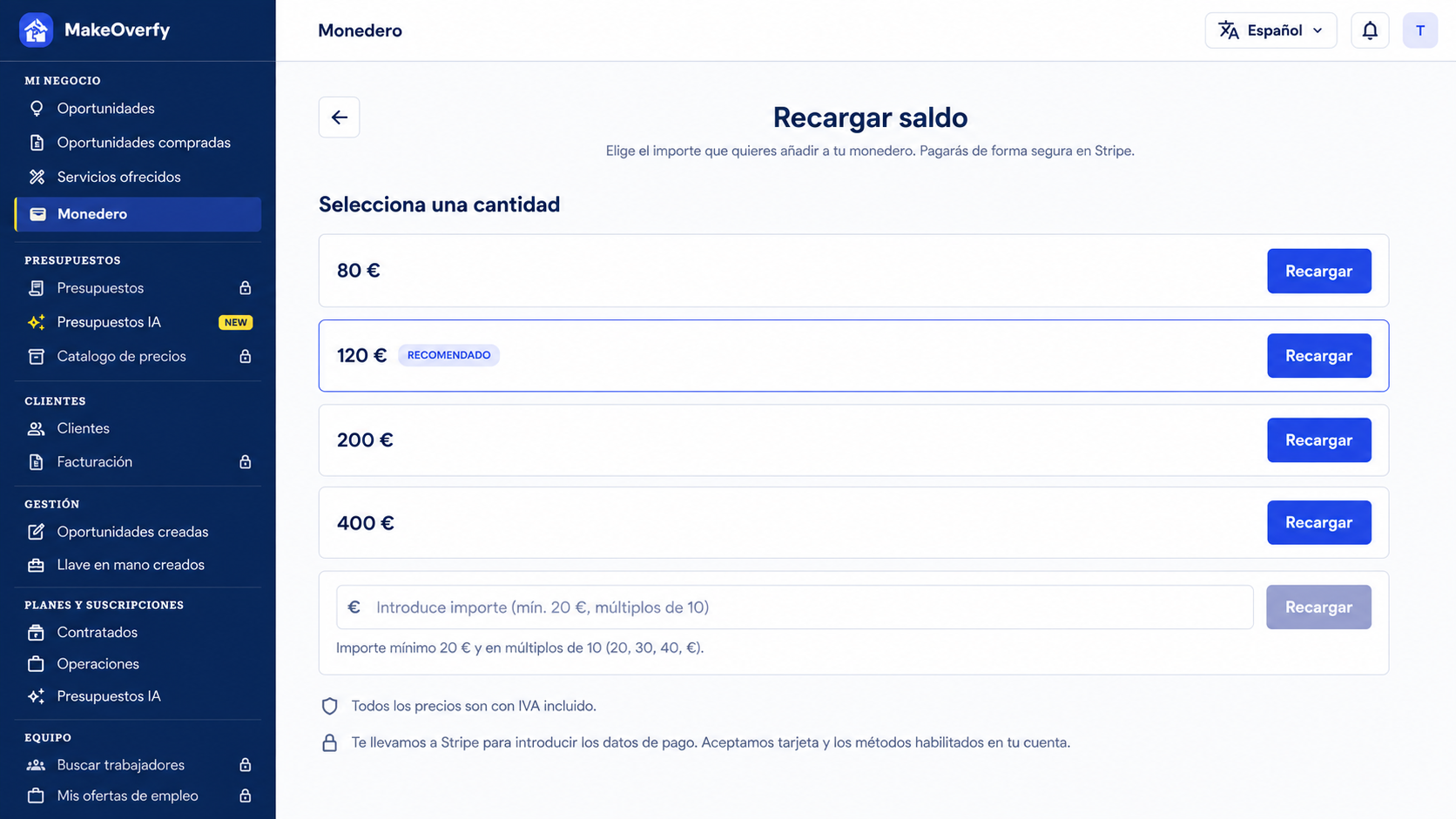 Panel de wallet